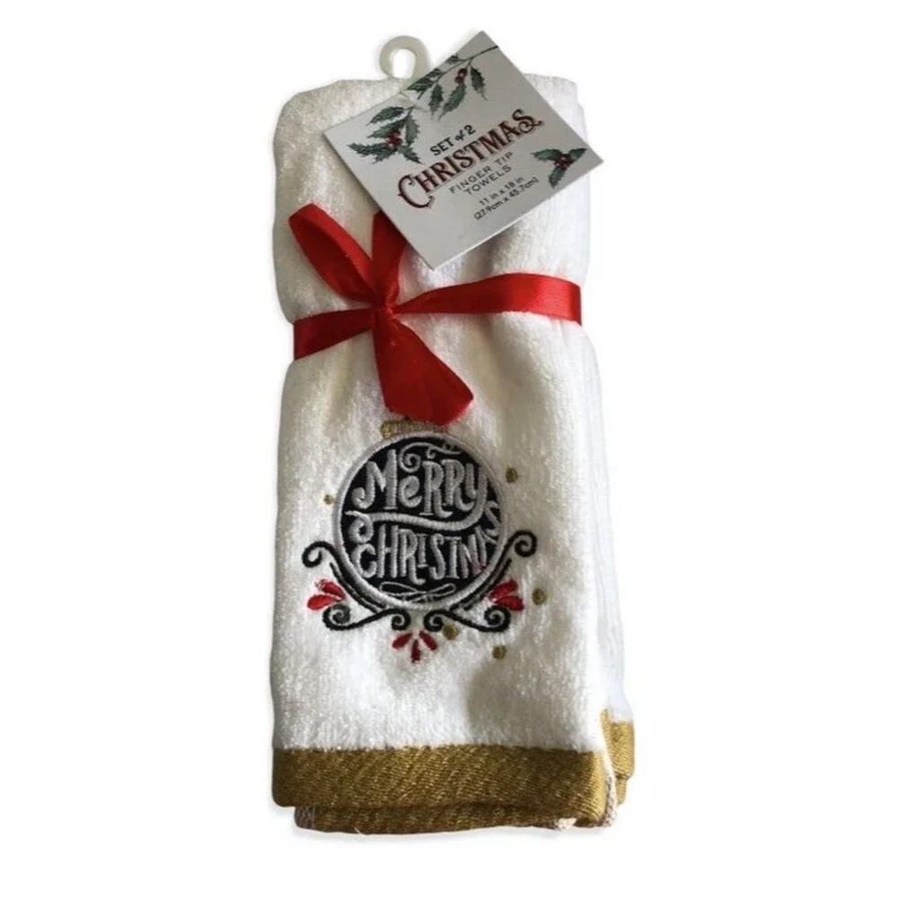 Merry Christmas Fingertip Towels Embroidered Ornament White Gold Set of 2
